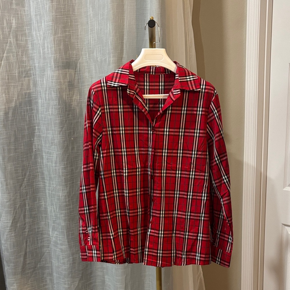 Designer Dup Classic Red Nova Plaid Women's Button Down Shirt fits S/M